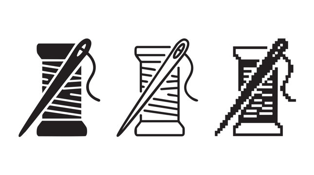 Three distinct black and white icon designs of a needle and thread spool