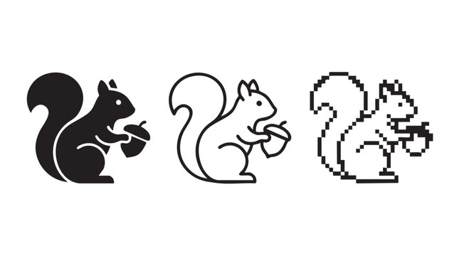 Three stylized squirrel icons showing solid, outlined, and pixelated designs