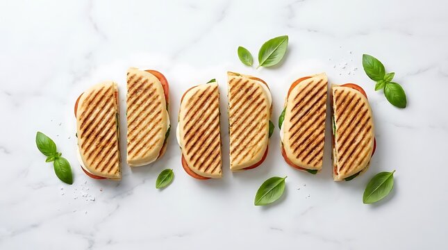 A top-down view of a delicious caprese panini selection arranged on a clean white marble background with fresh basil leaves for a gourmet food lunch