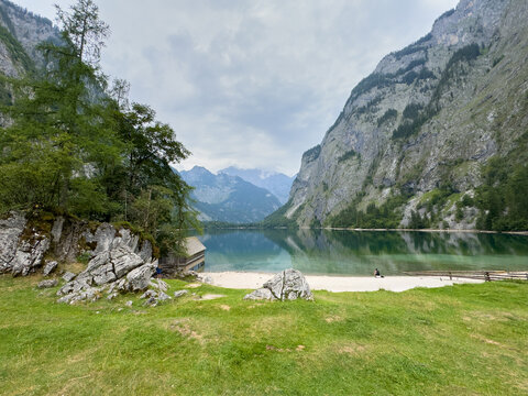 Scenic View of an Alpine Pasture with a Mountain Lake in the Berchtesgaden Alps, Bavaria, Germany