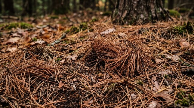 Dry pine needles cover forest floor in autumn season.