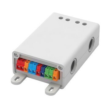 White electrical junction box with multi-colored terminals and mounting brackets
