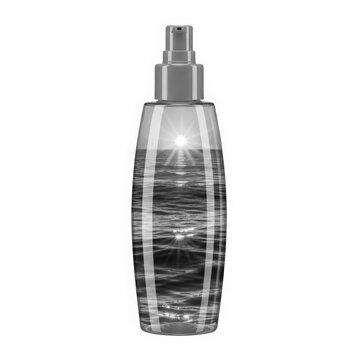 A sleek and modern glass perfume bottle with a silver spray nozzle