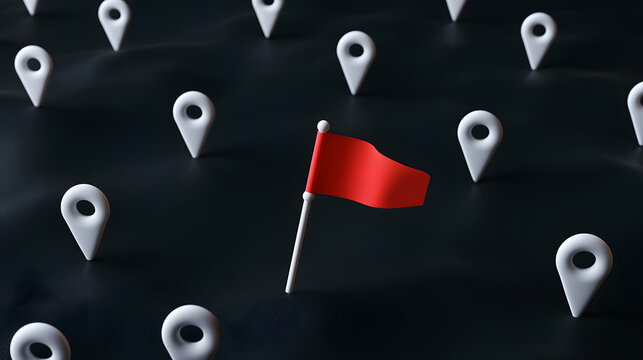 A minimalist 3D map with dark background, white and bright red flags floating, representing leadership concepts against a backdrop