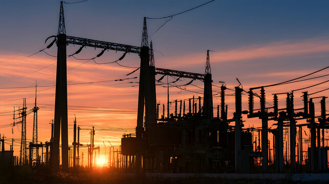 Components for high-voltage electrical substations set against a backdrop of a sun-crimson sky. Infrastructure for energy and power grid distribution.