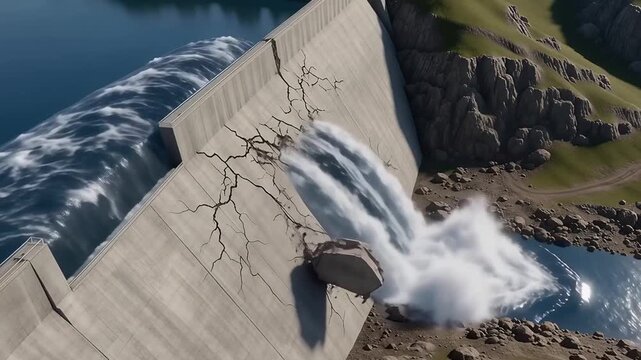 A large concrete dam wall breaking and leaking water into the river below.