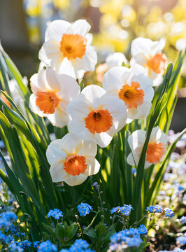 Bright daffodils with orange centers dot the garden, their fresh green leaves framing the spring blooms alongside delicate blue petals. Amidst the lush growth, vibrant flora thrive under the sunlit pa