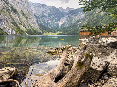 Beautiful Mountain Lake Shore in the Berchtesgaden Alps, Bavaria, Germany &ndash; Scenic Travel and Tourism Concept