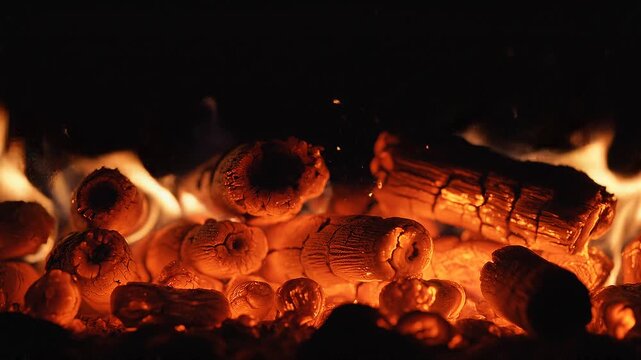Glowing wood embers burn intensely in a dark fireplace during the night.