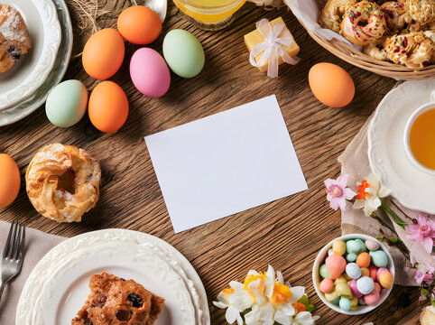 Top-down view of a festive Easter brunch table setting with a blank menu card, colorful eggs, and sweet treats