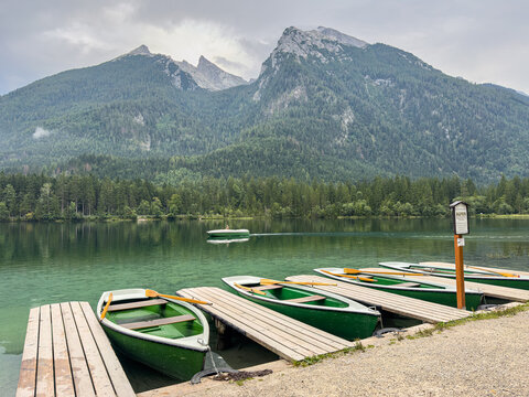 Scenic View of Hintersee in Ramsau with Rowboats &ndash; Berchtesgadener Land, Bavaria, German