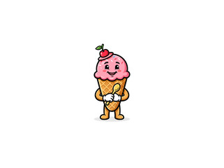 Fototapeta premium Smiling Pink Ice Cream Cone Mascot Holding Spoon Vector Illustration