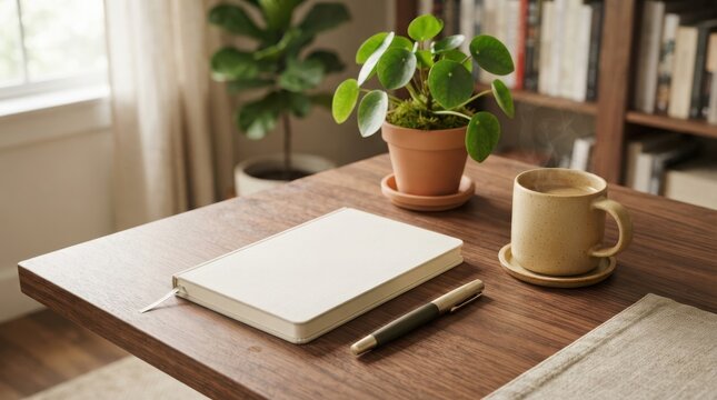 Open notebook with a pen and a cup of coffee on a wooden desk near a green plant in a bright cozy home office workspace room