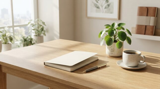 A closed notebook with a pen and a cup of coffee on a wooden desk in a bright home office room with green indoor potted plants
