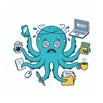 Stressed Cartoon Octopus Character Multitasking with Office Supplies and Laptop
