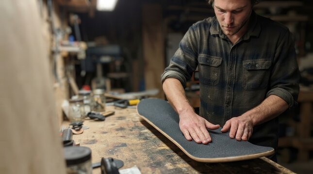 Artisan meticulously applies grip tape to a custom skateboard deck in a rustic workshop