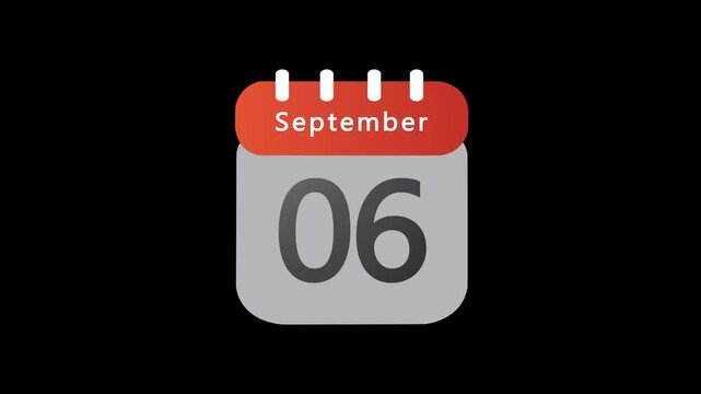 September 6. Calendar appearing,6 September day calendar animation without background ,Infrared calendar in futuristic, commemoratives in led and etc. Animated HUD month calendar on the alpha channel
