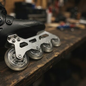 Inline Skate Chassis and Wheels resting on a rustic wooden workbench
