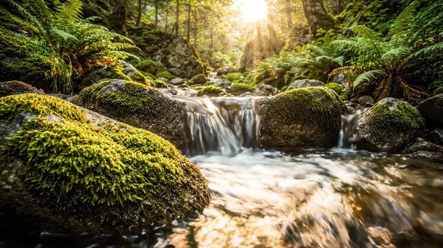 Sunlight streams through a lush green forest, illuminating a flowing stream and moss-covered rocks, conveying tranquility and nature's beauty