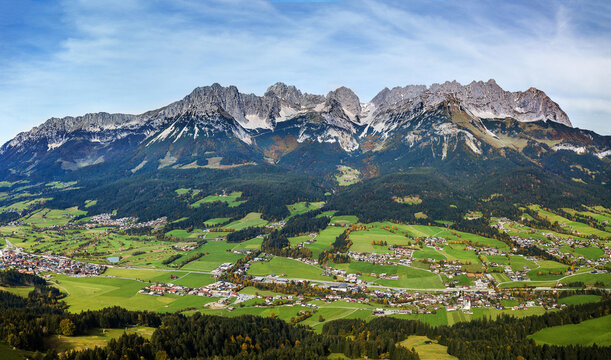 Panorama aerial image of valleys and the famous Wilder Kaiser mountain range, Kitzbuehel, Tyrol, Austria