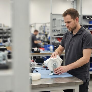 Technician meticulously assembling and cleaning industrial caster wheels on a modern workshop workbench