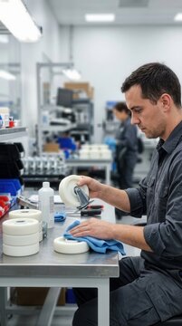 Technician meticulously polishes industrial caster wheels in a pristine manufacturing facility ensuring precision and quality in every component