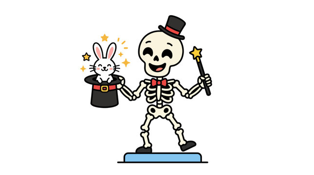 Smiling Skeleton Magician Performs Rabbit Trick with Wand