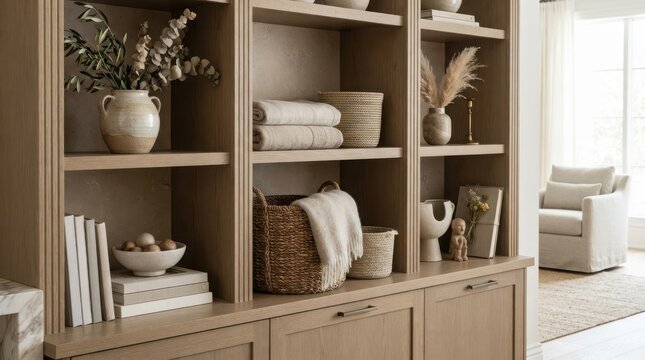 Modern olive green wooden home library bookshelf with decorative items and books in a bright living room interior