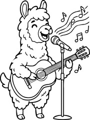 Cartoon llama playing guitar and singing into a microphone with musical notes © Embun