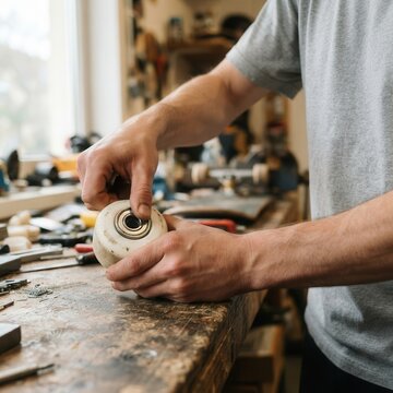 Craftsman meticulously maintains a skateboard wheel