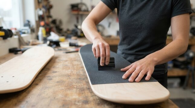 Artisan meticulously applies grip tape to a custom skateboard deck