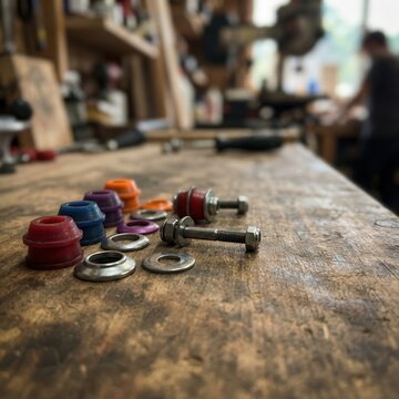 Colorful Polyurethane Bushings and Metal Bolts on a Rustic Wooden Workbench for Automotive Repair and Restoration