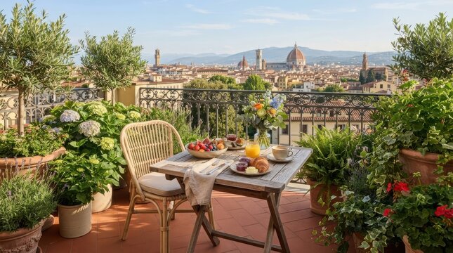A cozy dining table set for breakfast on a beautiful rooftop terrace with a scenic view of the city skyline during a bright sunny morning