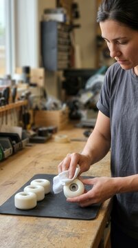 Artisan meticulously cleans pristine white skateboard wheels in a rustic wooden workshop