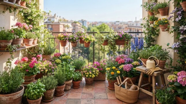 Beautiful urban balcony garden filled with many green plants and colorful flowers in clay pots on a sunny day in the city
