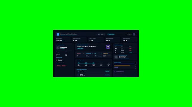 Enterprise EHR dashboard showing patient records, medical data, health analytics, and clinical information.