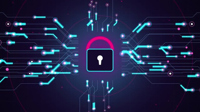 Digital padlock icon with glowing circuit board lines
