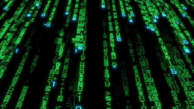 Dense Pixelated Binary Code Display in Bright Green and Blue on Black Background - Futuristic Digital Interface Design for Technology, Software Development, and Data Visualization Projects
