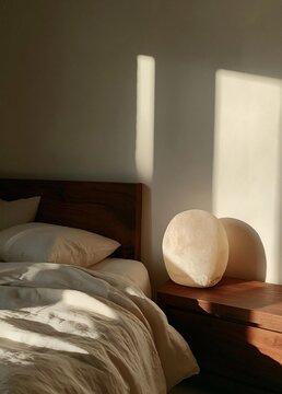 Bedroom with a wooden nightstand on the right side of the bed. the nightstand has a white lamp on top of it. the bed has a wooden headboard and white sheets and pillows.