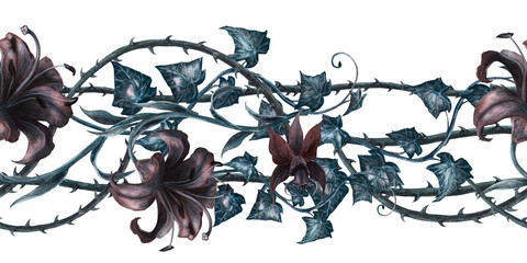 Seamless border with dark lilies, orchid, thorny vines, ivy leaves watercolor illustration. Gothic victorian witch craft poison garden hand drawn art, spooky halloween home decor and mystical botanic © AnikaKorr