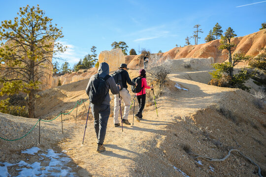 Hikers walking Bryce Canyon Rim Trail on a sunny day. Utah. USA.