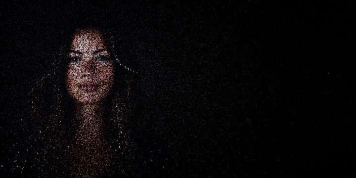 Digital ID Portrait of English Woman with Face made up of Computer code. Liveness detection Concept with copy-space.
