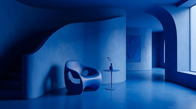 Modern monochromatic blue interior with minimalist armchair and curved architectural walls