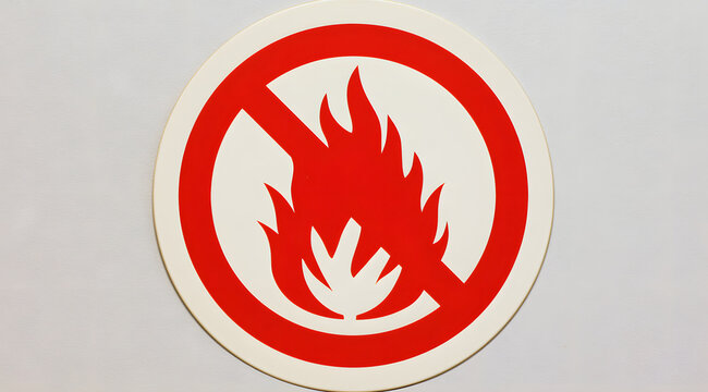 Circular no-fire warning sign with crossed flame symbol indicating prohibited open flames in areas