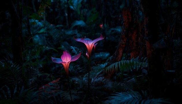 Night photography of bizarre flowers pulsing with cyan and magenta bioluminescence. Sharp focus on glowing veins against deep jungle shadows and giant ferns
