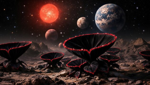 Deep black velvet leaves in parabolic shapes with crimson crystalline fringes. Dark sky featuring other Trappist planets. Surreal landscape with dramatic shadows and photorealism