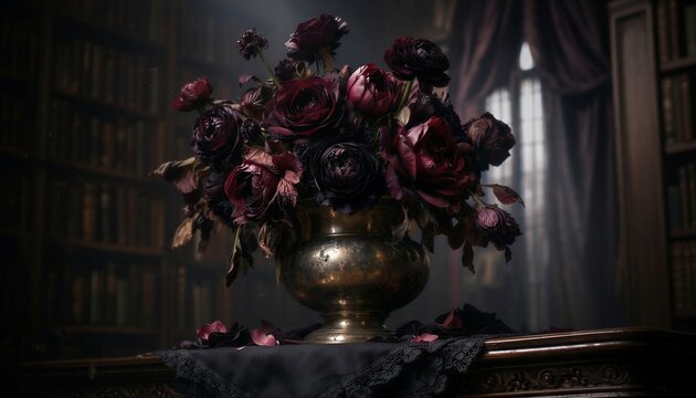 Cinematic photograph of near-black flowers in a tarnished silver vase. Arrangement of Black Baccara roses in a dim library with velvet curtains. Gothic romantic fine art style