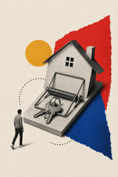 The trap of home ownership as a buyer walks towards keys resting on a mousetrap, the hidden risk in mortgage debt and buying property