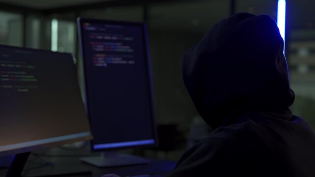 Male computer hacker in black hoodie typing code on computer in a dark room with light reflection on glasses.