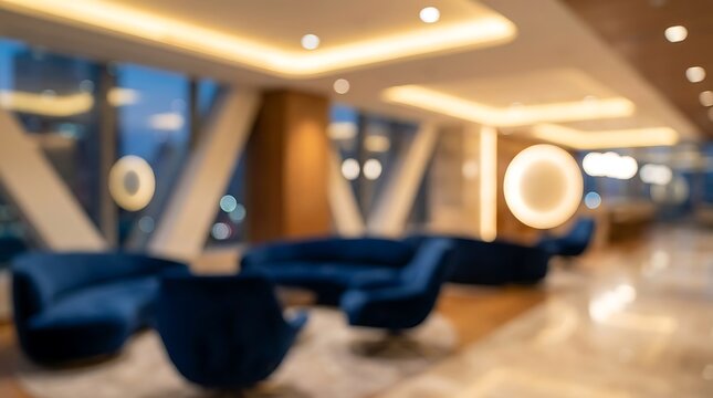 Modern business lounge interior featuring soft ambient lighting and plush velvet blue furniture for professional comfort